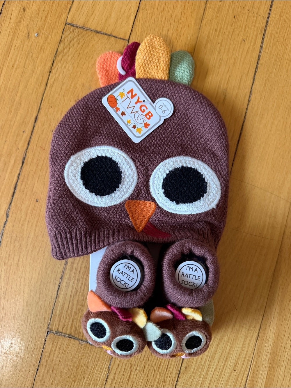 Kids Brown Owl Hat & Rattle Sock Set - Brown with Multi-Colored Details - 0-6M